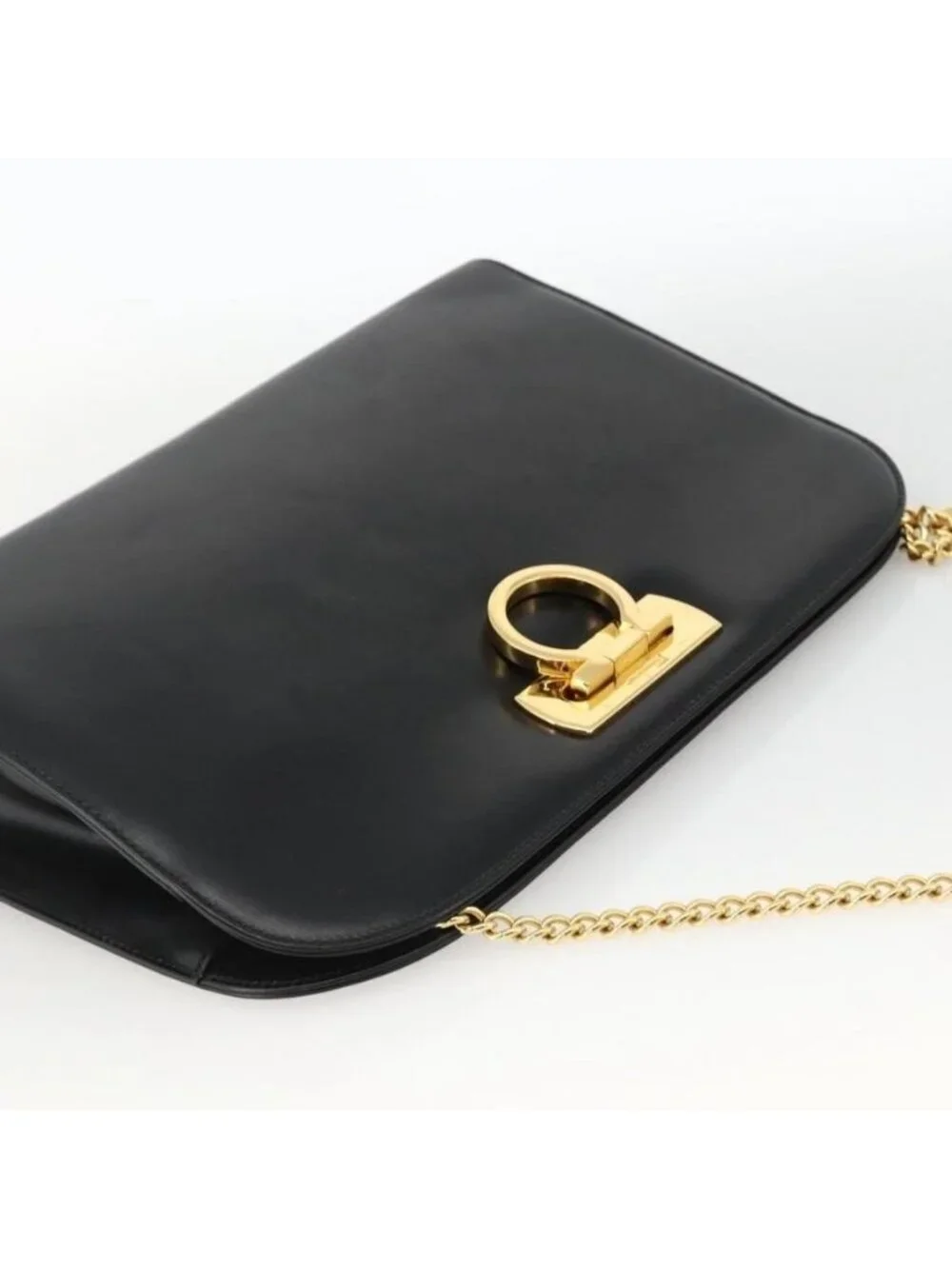 Authentic Salvatore Ferragamo Gancini Chain Shoulder Bag Leather Black Gold - Picture 13 of 16